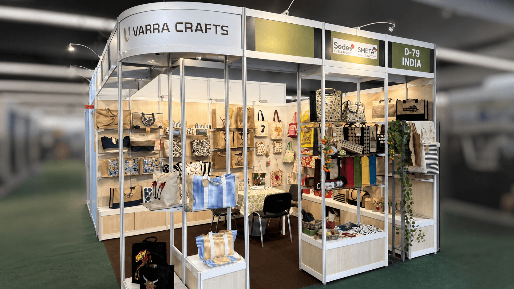 Varra Crafts exhibition stall showcasing jute and cotton bags at an international trade fair